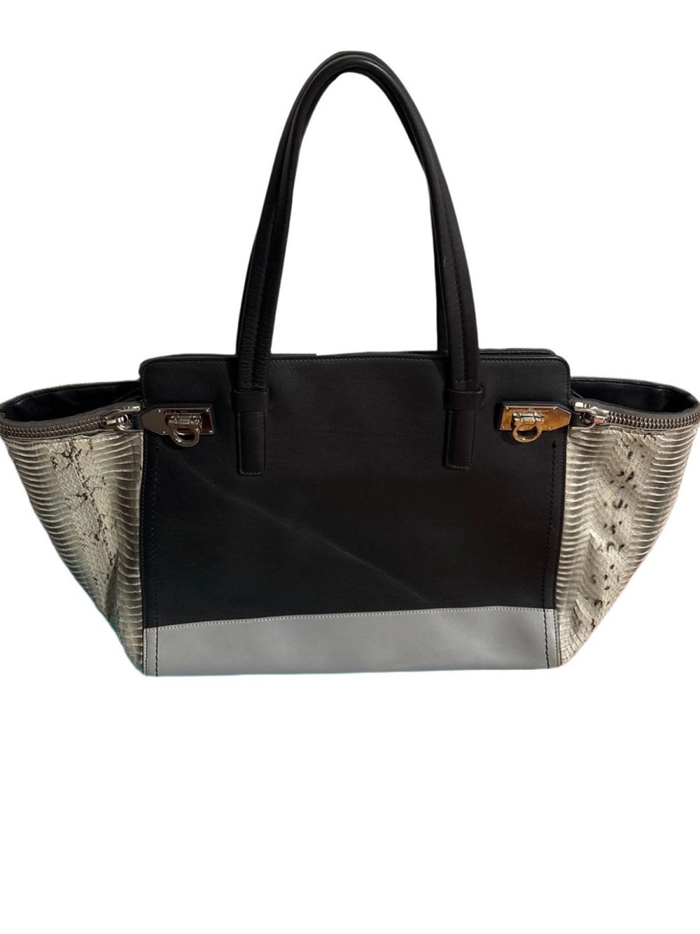 Salvatore Ferragamo Gancini Python Shoulder Bag Grey Black